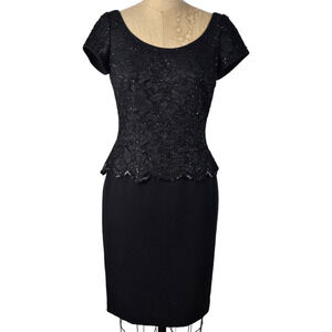 Vintage 90s Dress black Kir scoop neck beaded lace crepe short sleeves size 4